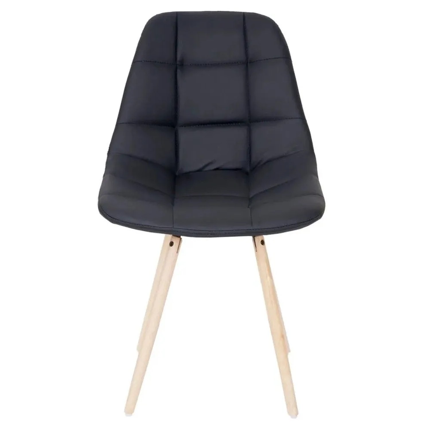 Schwarzer MCW Esszimmerstuhl A60 II aus Kunstleder mit gepolsterter Sitzfläche, Ziernaht und hellen Holzbeinen im Retro-Design.