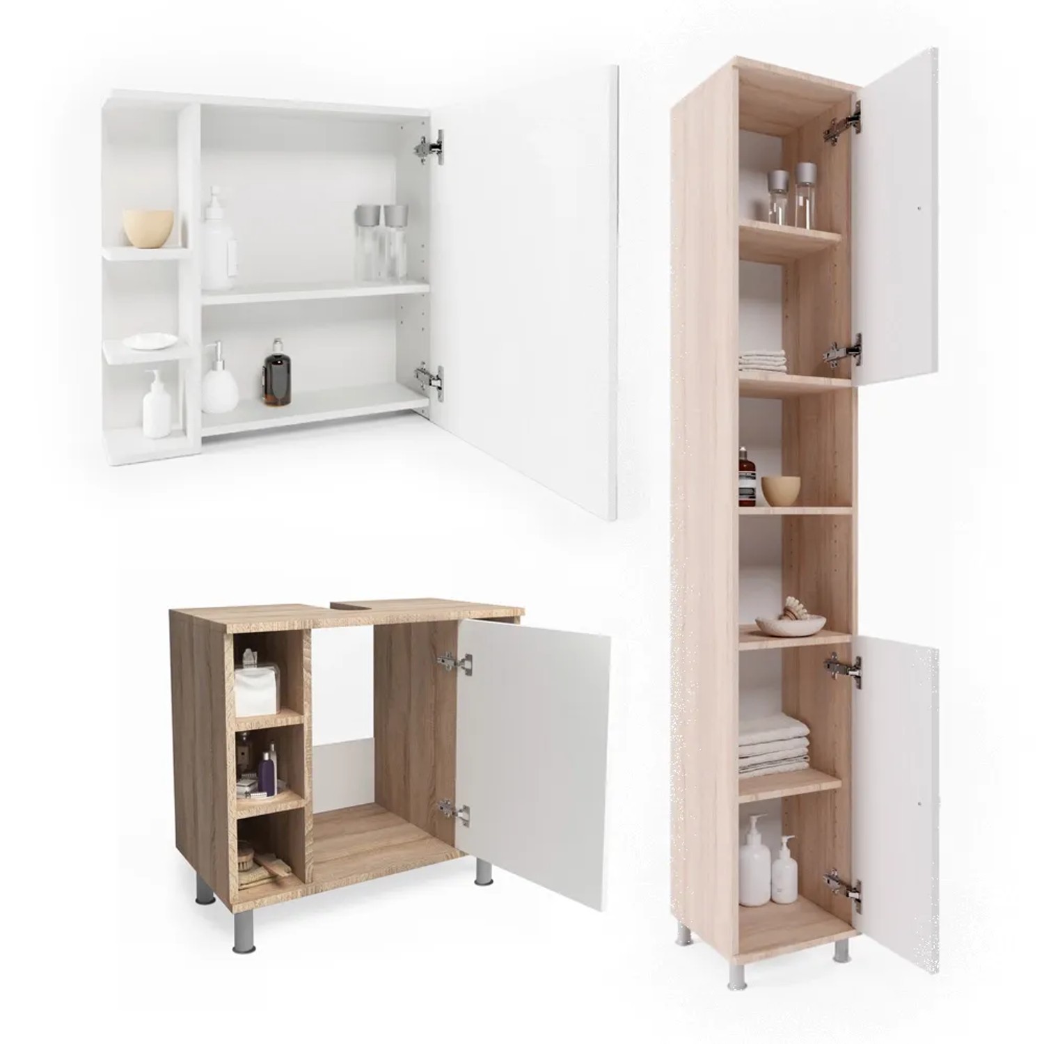 Vicco Badmöbel-Set Fynn, 3-teilig in Sonoma/Weiß: Waschbeckenunterschrank, Hochschrank und Spiegelschrank.