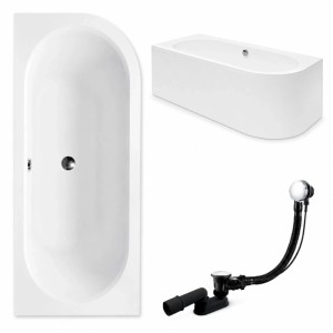 Weiße KOLMAN Eckbadewanne 170x75 cm links mit Acrylschürze und Ablaufgarnitur. Modernes Acryl-Design für Ihr Bad.