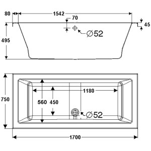 Technische Zeichnung Ottofond Whirlpool Cubic Komfort 170x75 cm, Maße und Details.