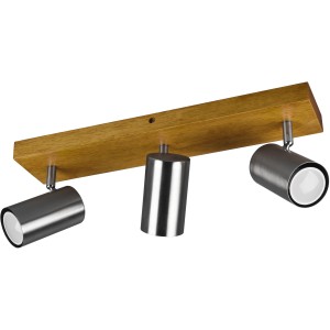 Trio Strahler Marley, 3-flammig, Nickel matt, Holzsockel, Deckenspot für Wohn- und Schlafzimmer.