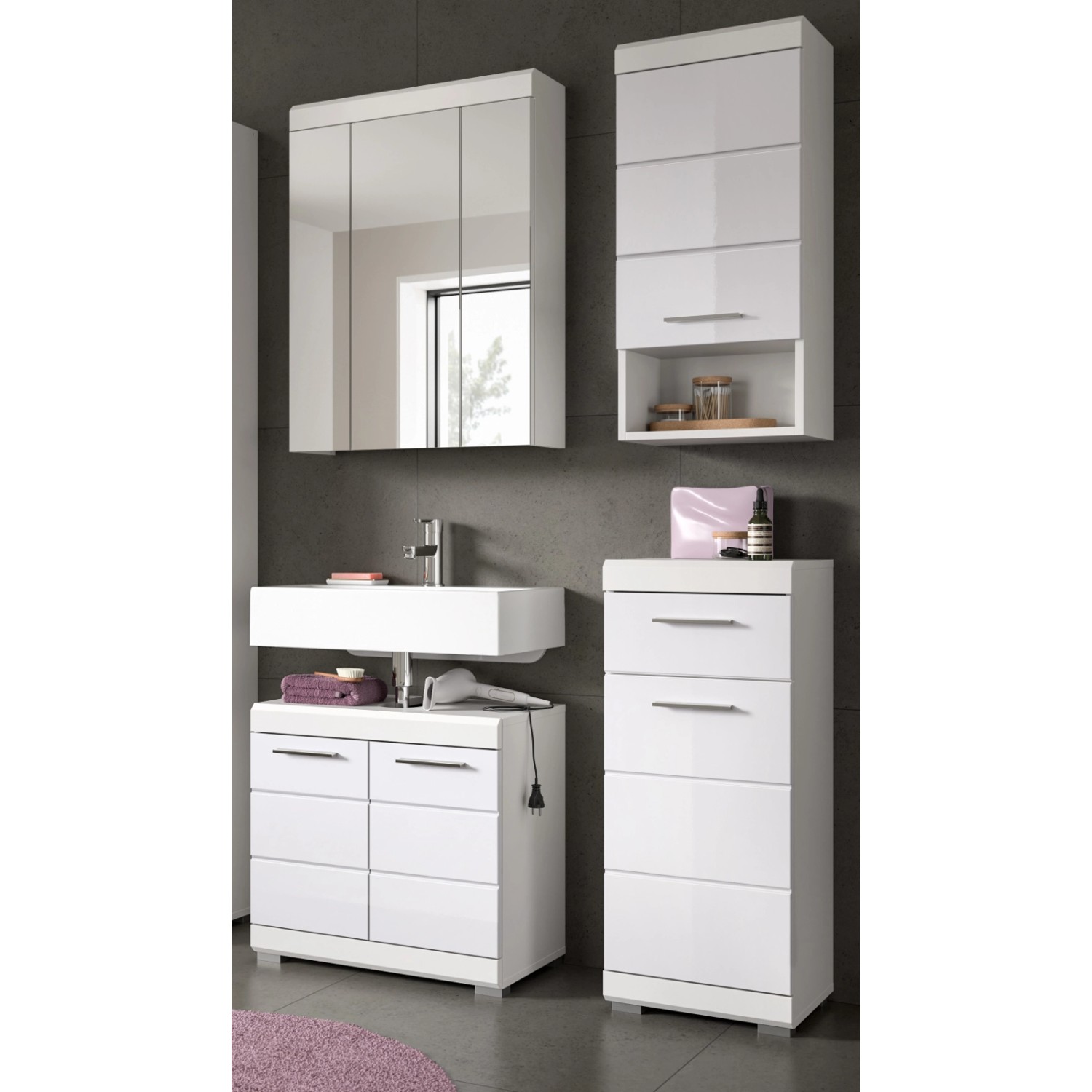 Inn.Furn Badmöbel Set 4-teilig in Weiß Hochglanz 112 cm Shawn günstig online kaufen