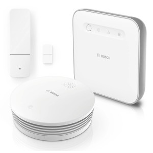 Bosch Smart Home Einbruchschutz Starter-Set mit Controller, Rauchmelder und Tür-/Fensterkontakten.