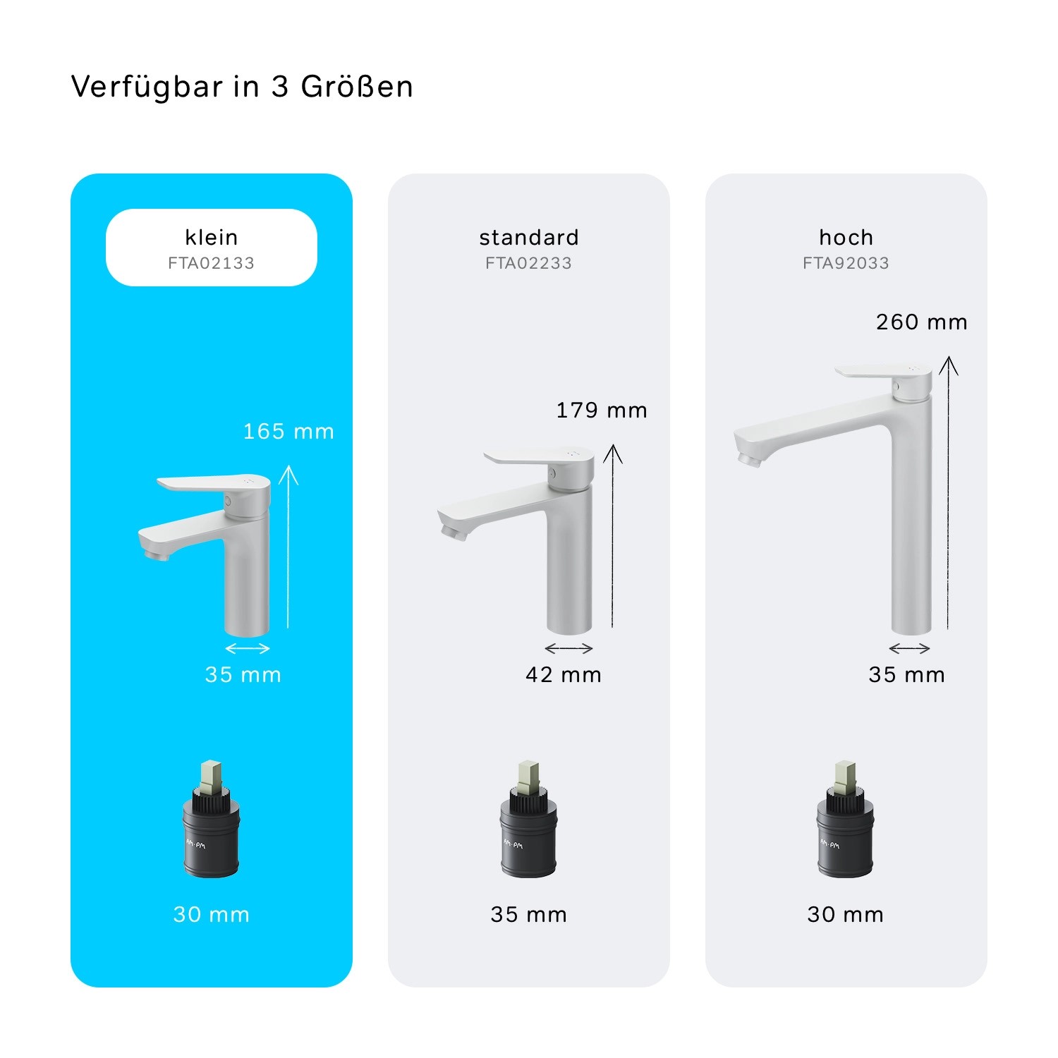 AM.PM Waschtischarmatur Hit, verschiedene Größen (klein, standard, hoch) in Weiß.
