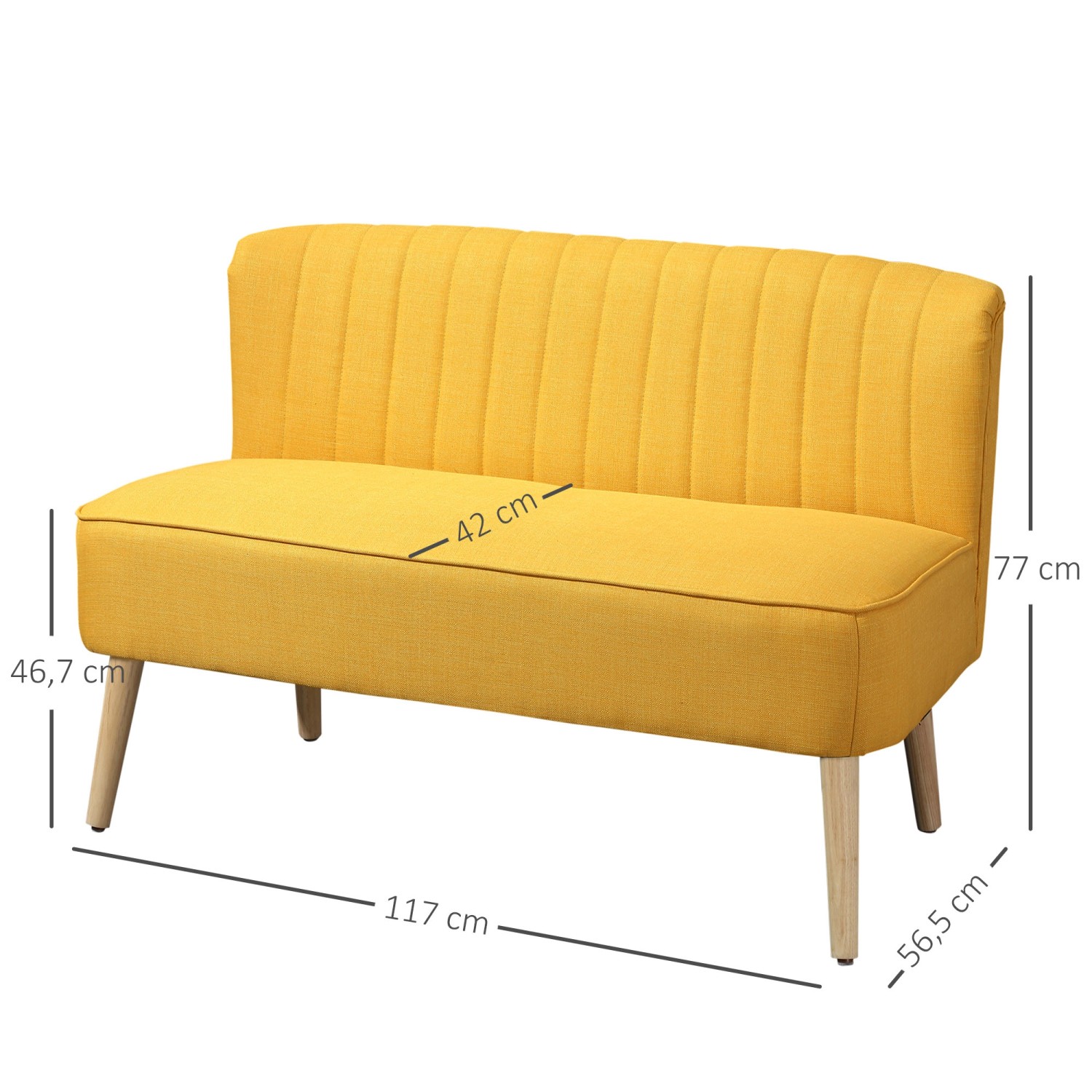 Gelbes 2-Sitzer Sofa von HOMCOM mit Holzbeinen, ideal für Wohnzimmer und Flur.