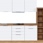 Moderne Küchenzeile in Weiß und Wotaneiche, 330 cm breit, mit E-Geräten wie Backofen und Dunstabzugshaube.
