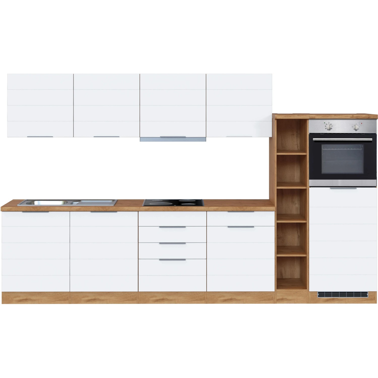 Moderne Küchenzeile in Weiß und Wotaneiche, 330 cm breit, mit E-Geräten wie Backofen und Dunstabzugshaube.