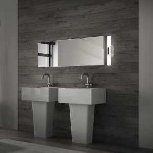 Moderne Bad-Szene mit Brilo LED-Wandleuchte Klak Chrom, neutralweißes Licht.