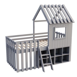 Graues Merax Hausbett 90x200cm aus Massivholz mit Dach, Fenster, Leiter und Stauraum. Robustes Kinderbett.