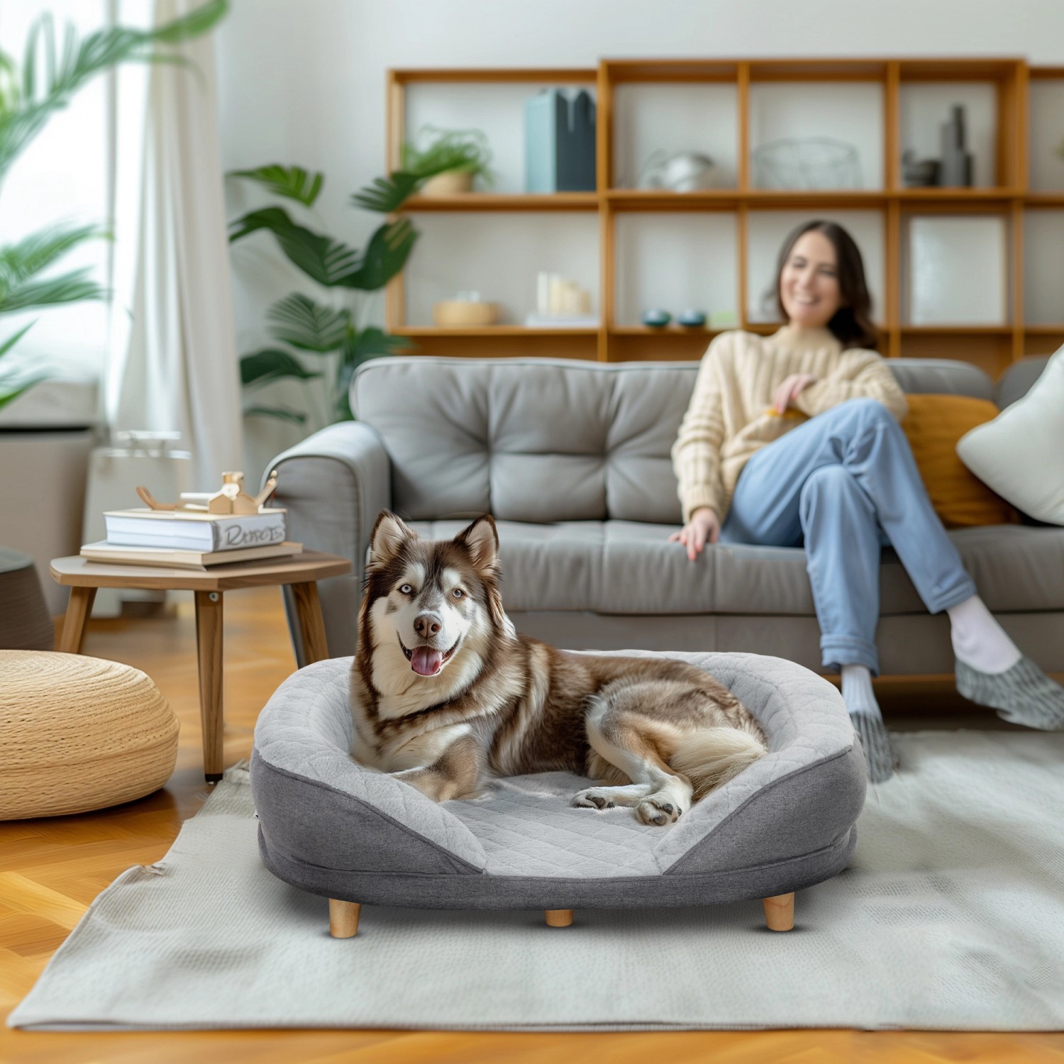 Graues PawHut Hundesofa mit Hund im Wohnzimmer. Bequemes Hundebett mit Holzfüßen.