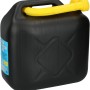 Schwarzer Kraftstoffkanister, 10 Liter, mit gelbem Einfüllstutzen.