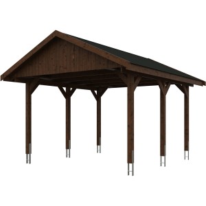 Satteldach-Carport Wallgau in Nussbaum mit schwarzen Dachschindeln, Holzkonstruktion.