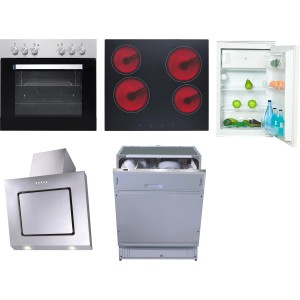 Flex-Well Küchengeräte-Set 9: Einbauherd, Kochfeld, Kühlschrank, Geschirrspüler und Dunstabzugshaube.
