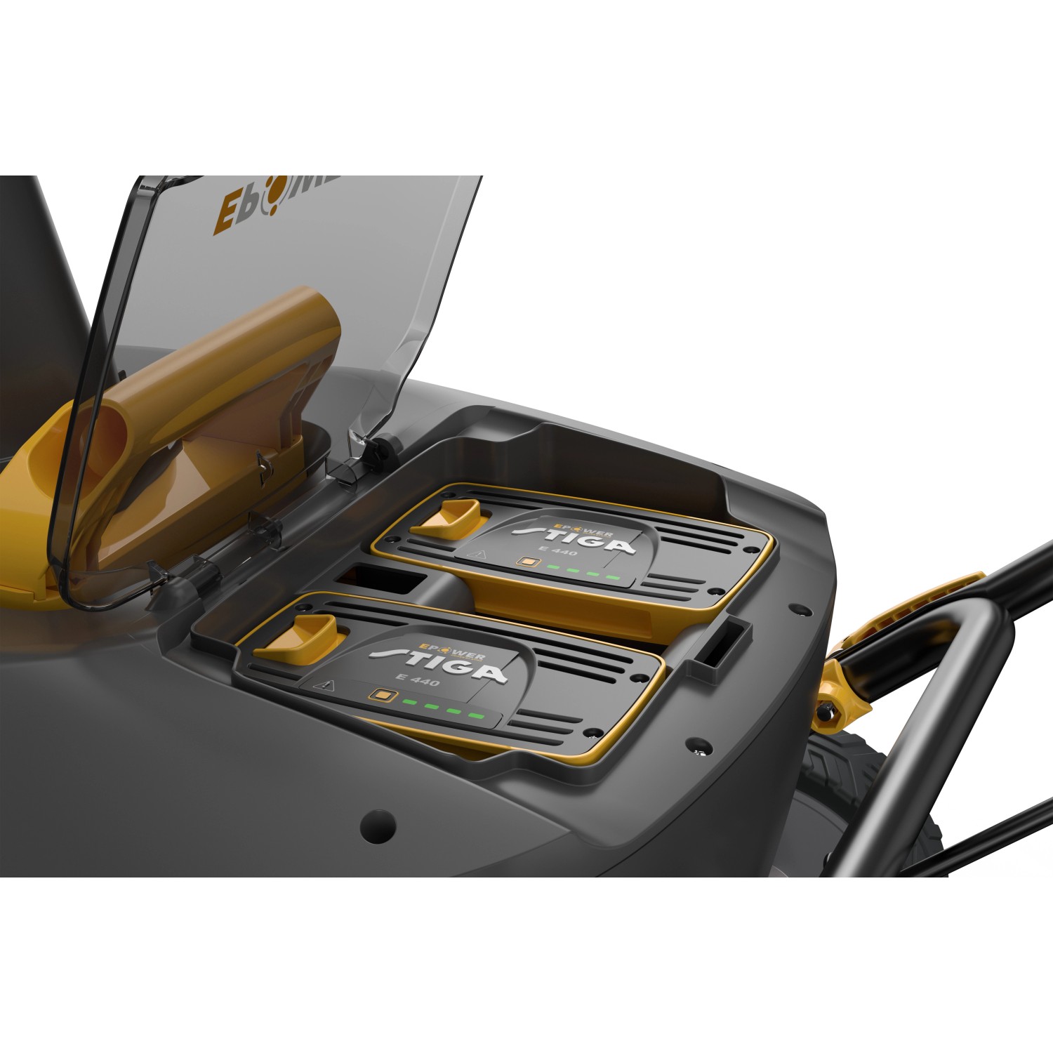 Detailaufnahme: Zwei Akkus im Akkufach der Stiga Akku-Schneefräse ST 700e.