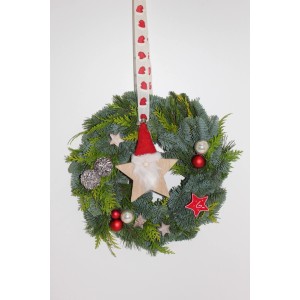 Türkranz Mixgrün Ø 30 cm mit roter Schleife, Stern und Weihnachtskugeln als Adventsschmuck.