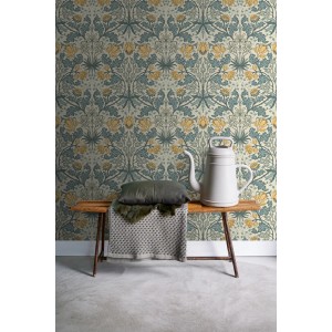 ESTAhome Vliestapete mit blau-gelbem Jugendstil Blumenmuster. Dekorative Wandtapete für stilvolles Wohnen.