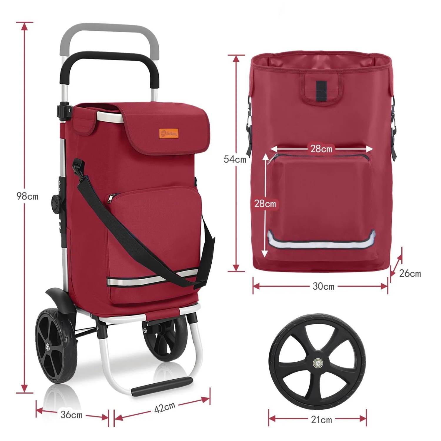 Sekey 3-in-1 Einkaufstrolley rot mit Kühlfach, zusammengeklappt und Tasche separat.