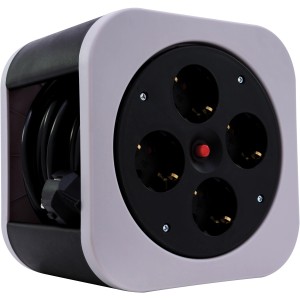 Graue Design Kabelbox S-Box mit 10 m Kabel und 4 Steckdosen für Innenräume.