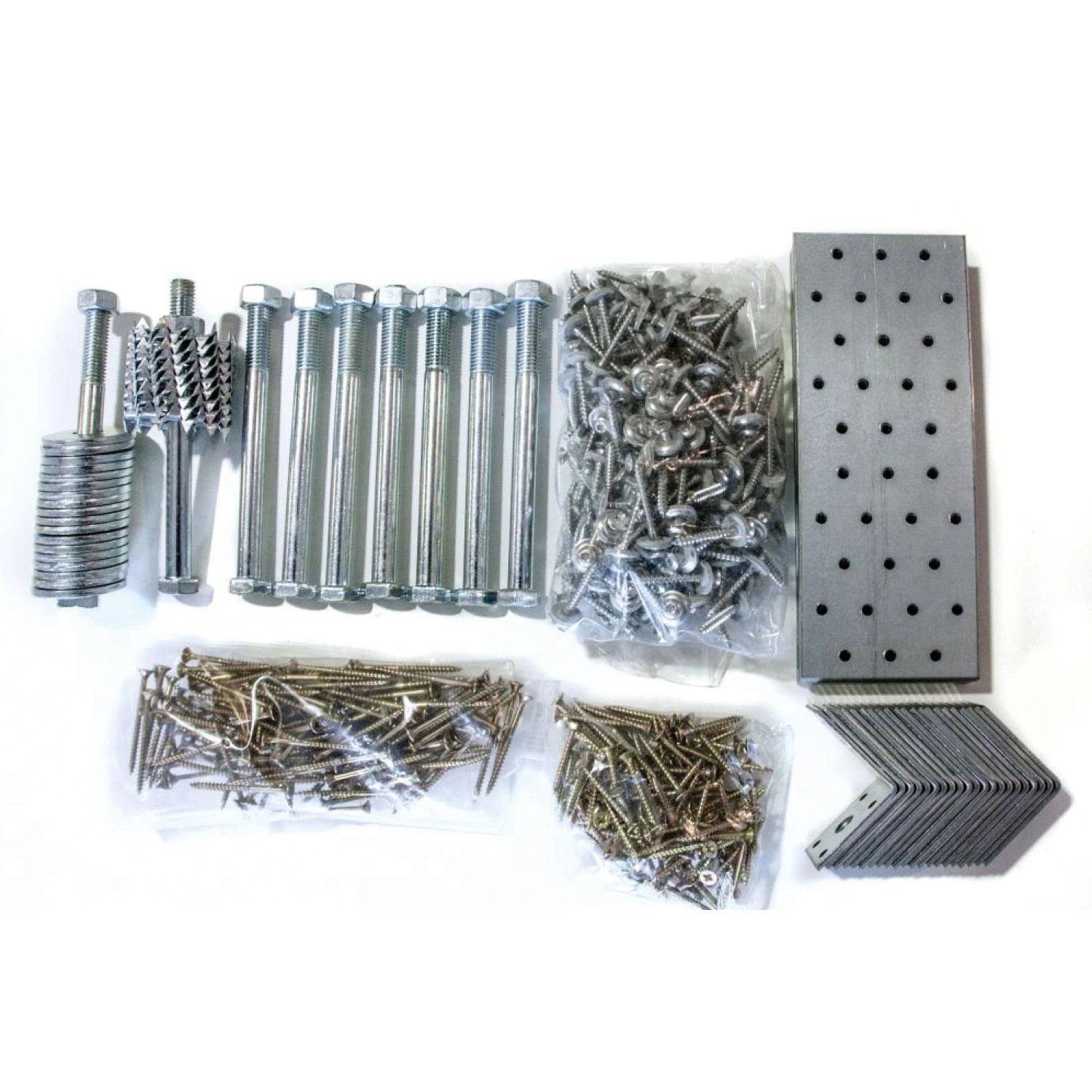 Montagematerial für Karibu Doppelcarport Eco: Schrauben, Bolzen, Winkel und Platten.