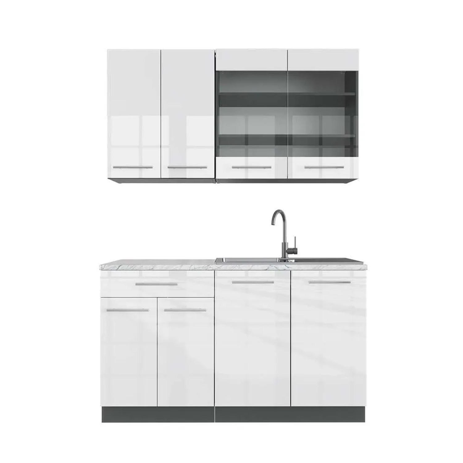 Vicco Fame-Line Singleküche Weiß Hochglanz Anthrazit 140 cm AP Marmor ohne E-Geräte