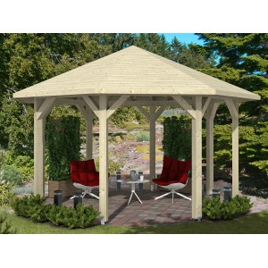 Skan Holz Pavillon Nice 2 aus Leimholz, 484x484 cm, naturbelassen. Gartenlaube mit Holzpfosten und Dach.
