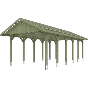 Satteldach-Carport Wallgau aus Holz mit Dachlattung, grüne Imprägnierung, 430x900 cm.
