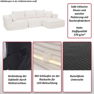MCW Sofa-Garnitur P20 Cord Stoff, Liegefläche rechts. Modulares Sofa mit Kissen, Klettverschluss, LED-Schlaufen, rutschfester Unterseite.