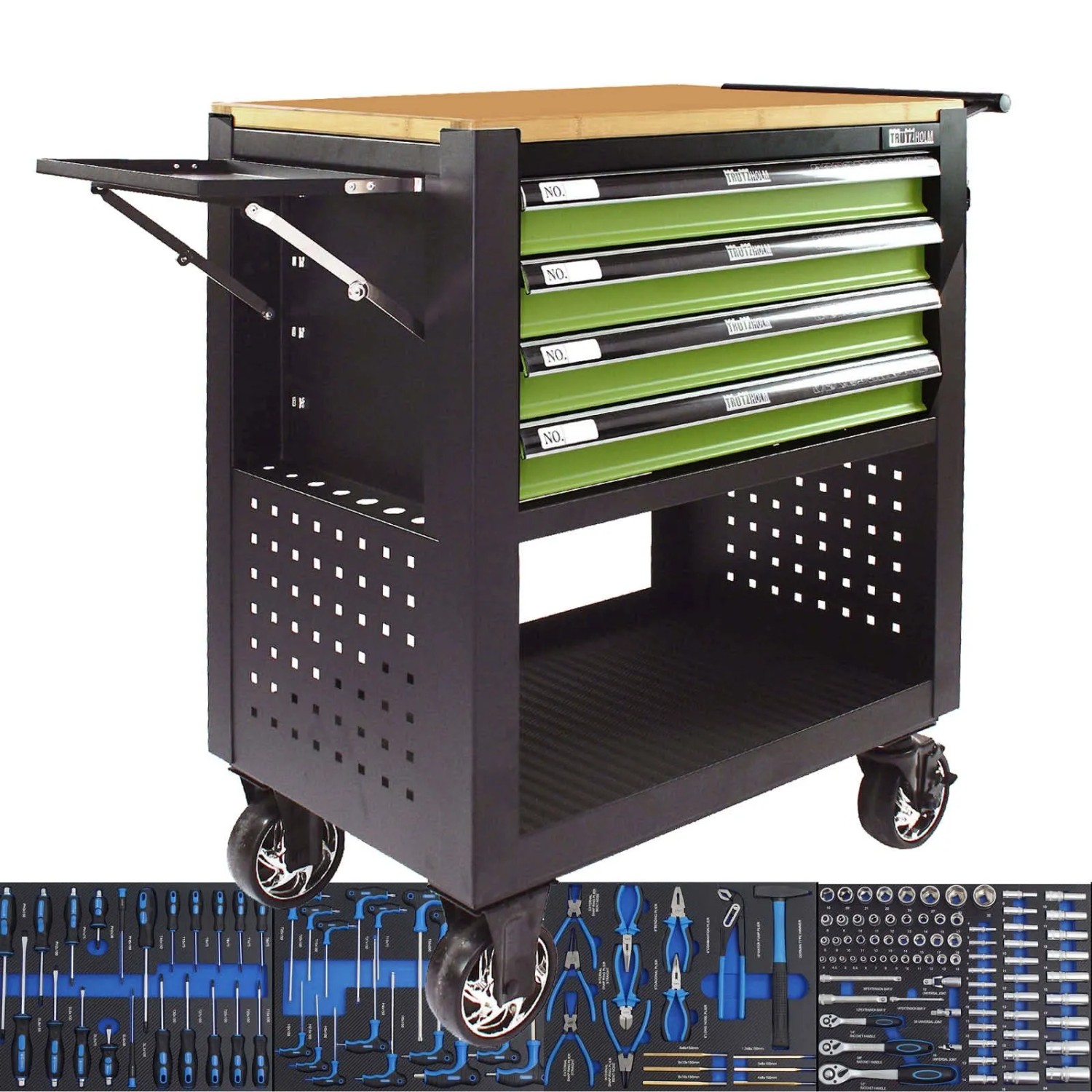 TRUTZHOLM Werkstattwagen 4 Schubladen Bestückt Massivholz Platte Profi Compact Grün