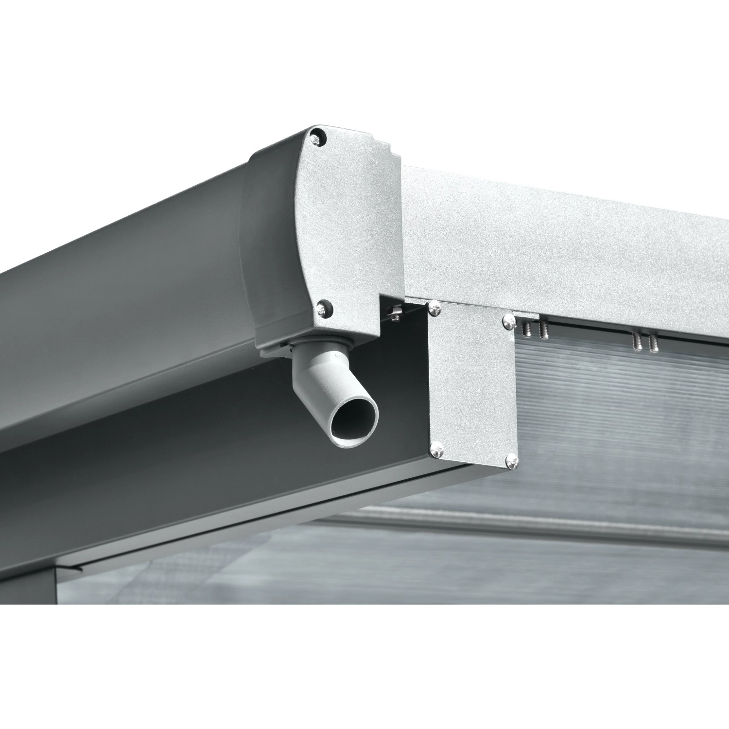 Detailaufnahme: Anthrazitfarbener Floraworld Flachdach-Carport aus Aluminium mit Regenrinne.