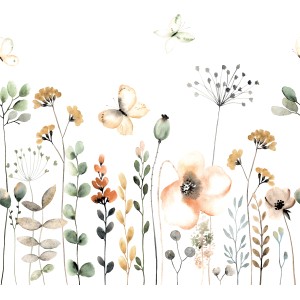 Fototapete Rasch Bambino XIX mit Blumen und Schmetterlingen in Aquarell-Optik.