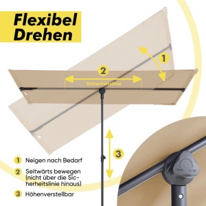 Verstellbarer, rechteckiger Sekey Sonnenschirm für Balkon, neigbar und höhenverstellbar.