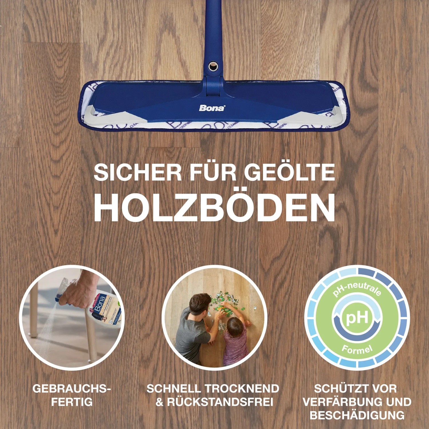 Bona Reiniger Spray für geölte Böden, mit Mopp und Hinweisen zu Anwendung und Eigenschaften.