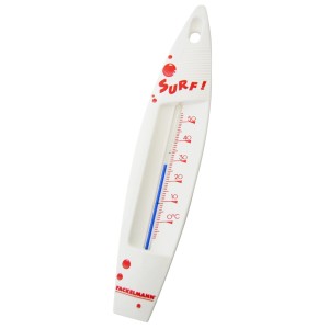 Fackelmann Badethermometer in Surfbrett-Form, weiß mit roter Skala und blauer Flüssigkeit.
