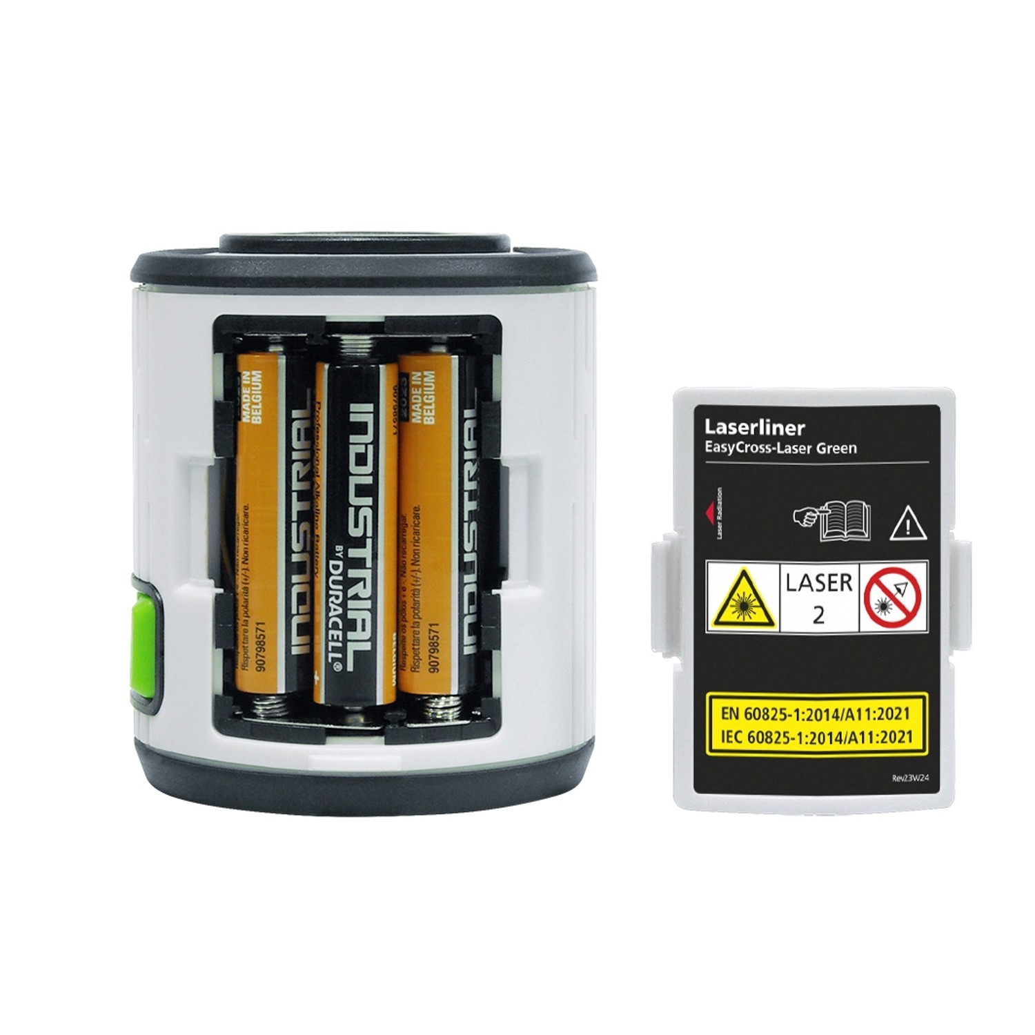 Laserliner EasyCross-Laser Work Set mit Batterien und Warnhinweis.