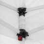 Detailaufnahme des Aluminiumgestells vom weißen Faltpavillon mit Verbindungselementen.