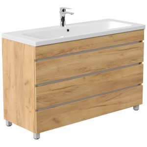 Posseik Badmöbel-Set Fellini 120 in Eiche Gold mit Waschbecken und drei Schubladen.