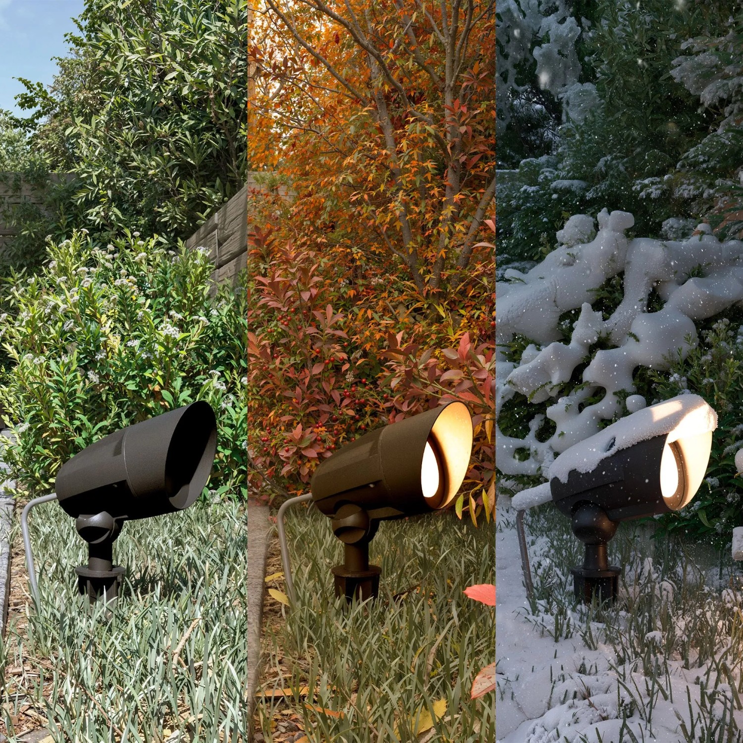 Philips Cylr Erdspießleuchte, schwarz, im Garten in verschiedenen Jahreszeiten.