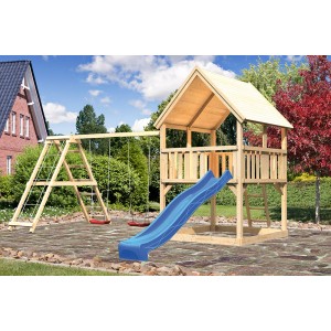 Karibu Spielturm Luis mit Satteldach, Doppelschaukel, Klettergerüst und blauer Rutsche.