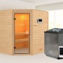 Karibu Sauna Elea Set naturbelassen mit Ofen und externer Steuerung. Massivholzsauna mit Eckeinstieg.