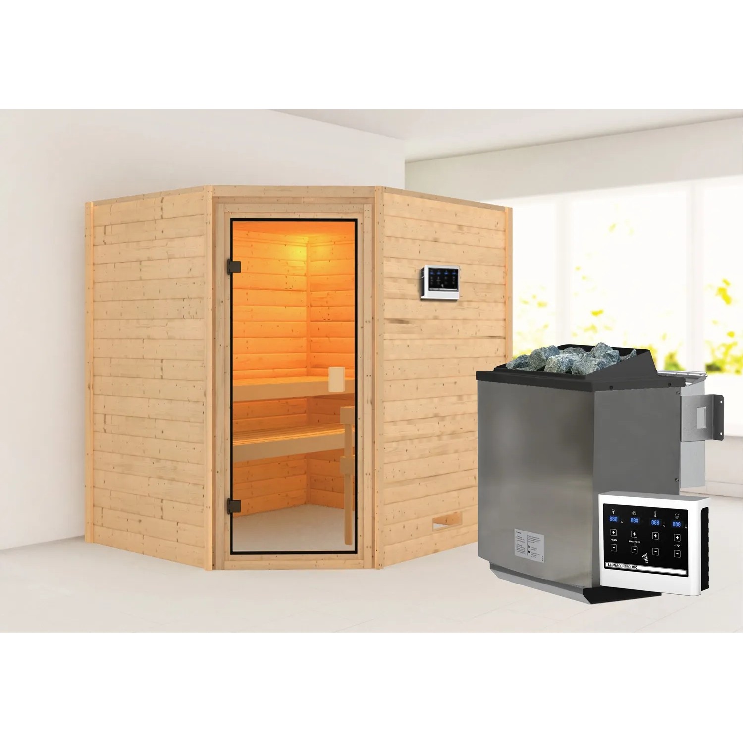 Karibu Sauna Elea Set naturbelassen mit Ofen und externer Steuerung. Massivholzsauna mit Eckeinstieg.