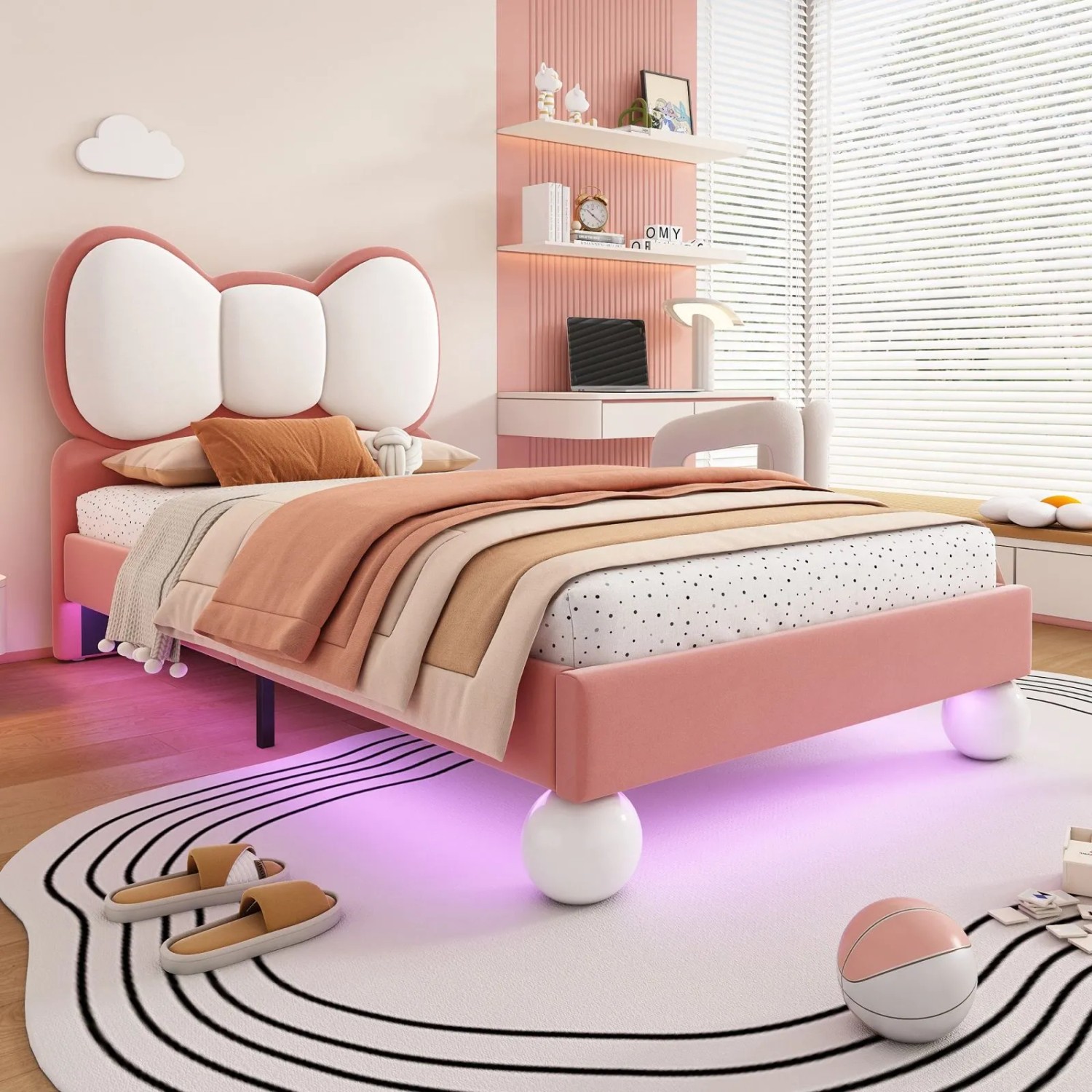 PXloue Kinderbett 90x200 Polsterbett mit LED Fliege-Kopfteil Samt Beige-Rosa_8