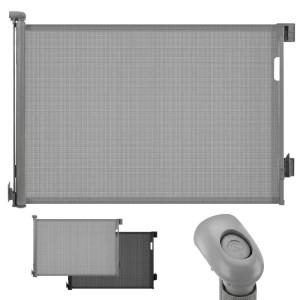 Graues ausziehbares Sekey Treppenschutzgitter aus Mesh-Gewebe, 0-150 cm, ohne Bohren. Für Kinder & Hunde, innen & außen.