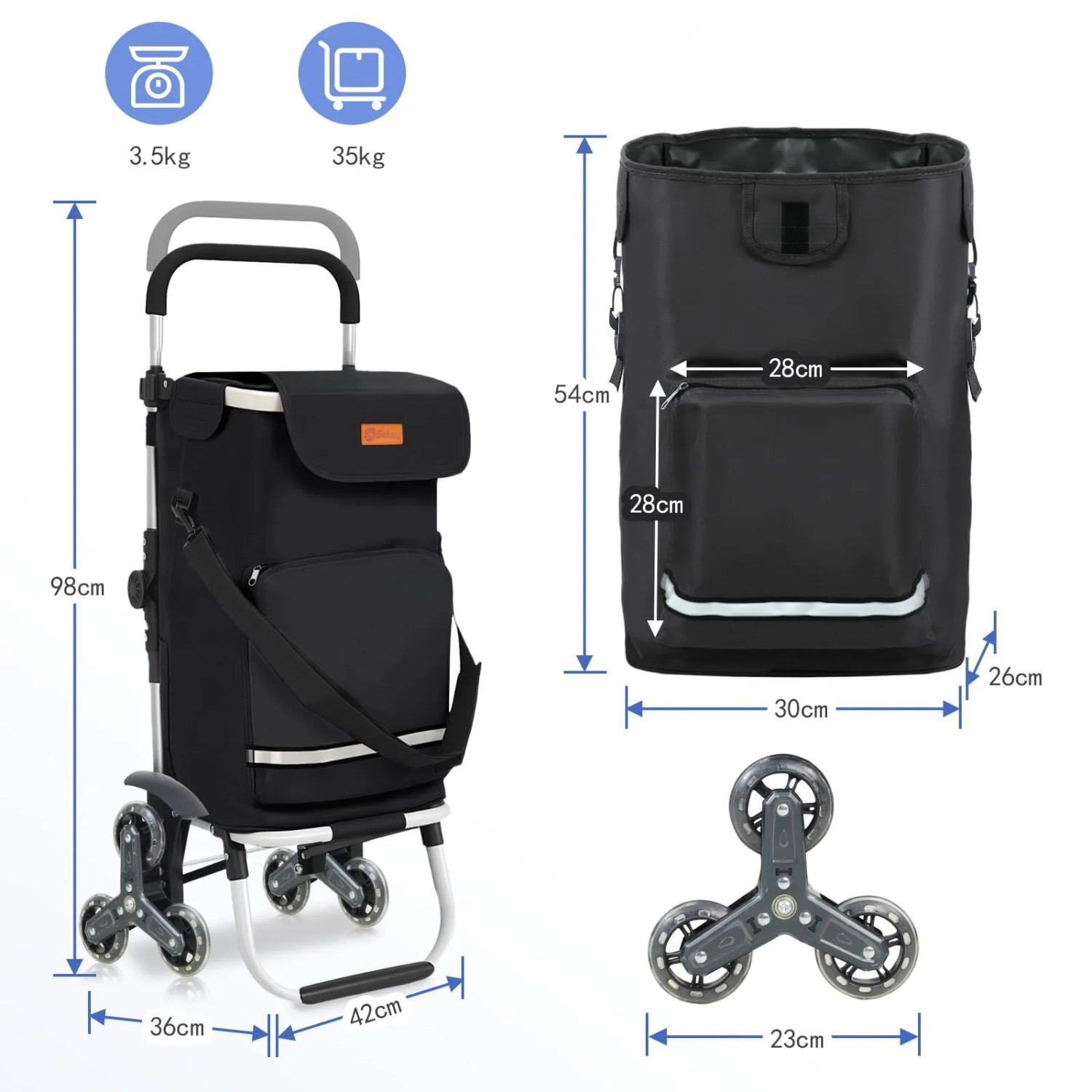 Sekey 3-in-1 Einkaufstrolley Treppensteiger, schwarz, mit Kühlfach und Spanngurt. Ideal für Einkäufe und Ausflüge.