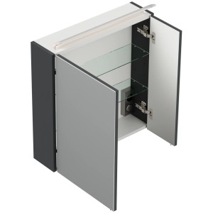 Grafitfarbener Posseik Spiegelschrank 60 cm mit LED-Lampe, Glasböden, Steckdose und 2 Spiegeltüren.