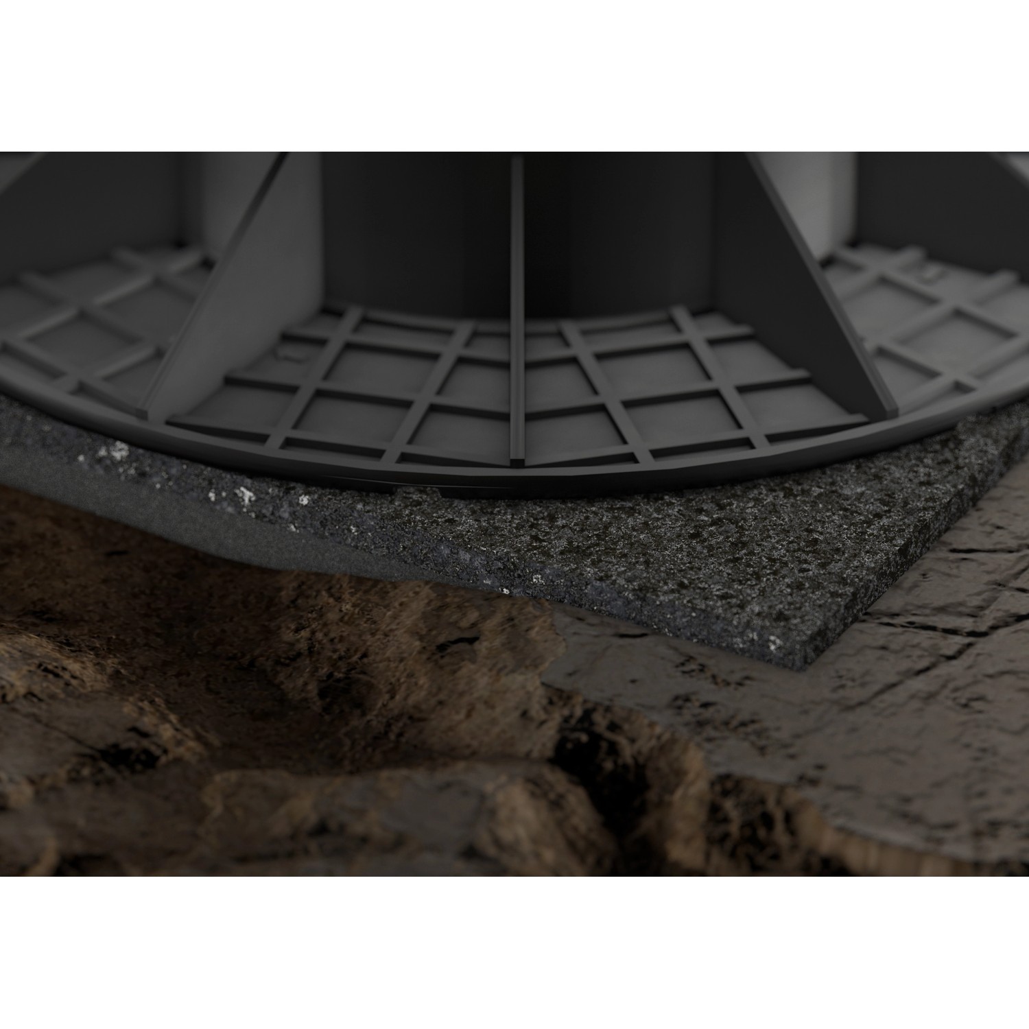 Schwarzes GS Terrassen Weichschaumpad 200x200x10 mm unter einem Stellfuß für Terrassendielen.