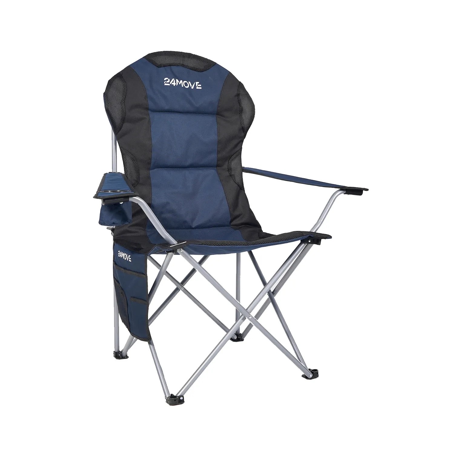 Blauer 24MOVE Campingstuhl, faltbar, gepolstert mit Tragetasche, bis 150kg belastbar.