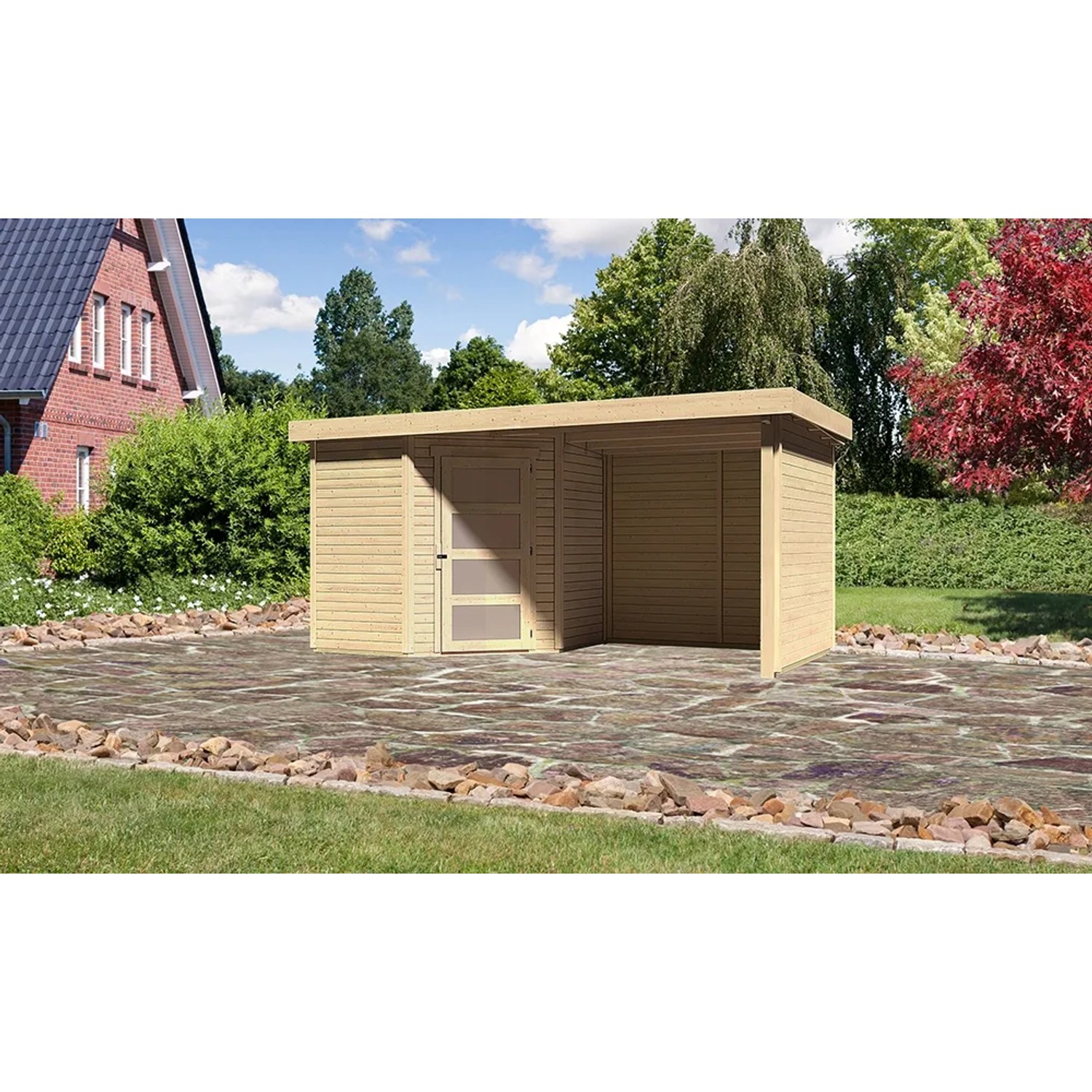 Karibu Holz-Gartenhaus Linköbing mit Flachdach und Anbau, unbehandelt.