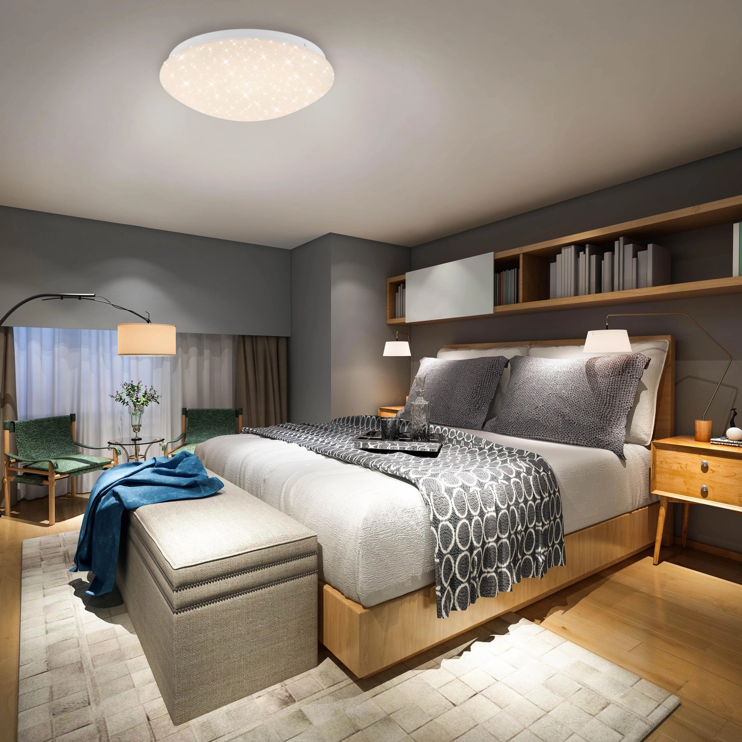 Weiße, dimmbare Brilo LED Deckenleuchte Moon mit Sternendekor und Fernbedienung im Schlafzimmer.