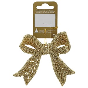 Goldene Schleife aus Kunststoff, 11x9,8 cm, zum Aufhängen als Weihnachtsdeko.