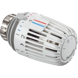 Heimeier Thermostatventilset, Durchgang, 18,6 mm x 21 mm (G 1/2), weiße Thermostatkopf Nahaufnahme.